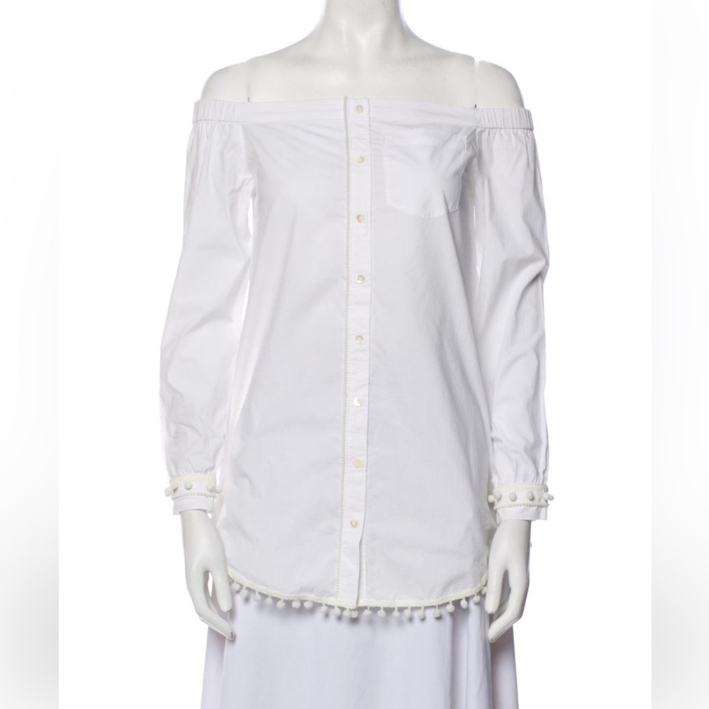 Derek Lam off the shoulder White Button-Up Shirt with Pom Pom Trim